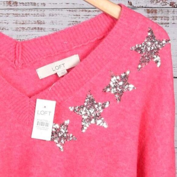 Loft Double V Pink Sequin Star Sweater Size L {NWT} - Picture 3 of 3